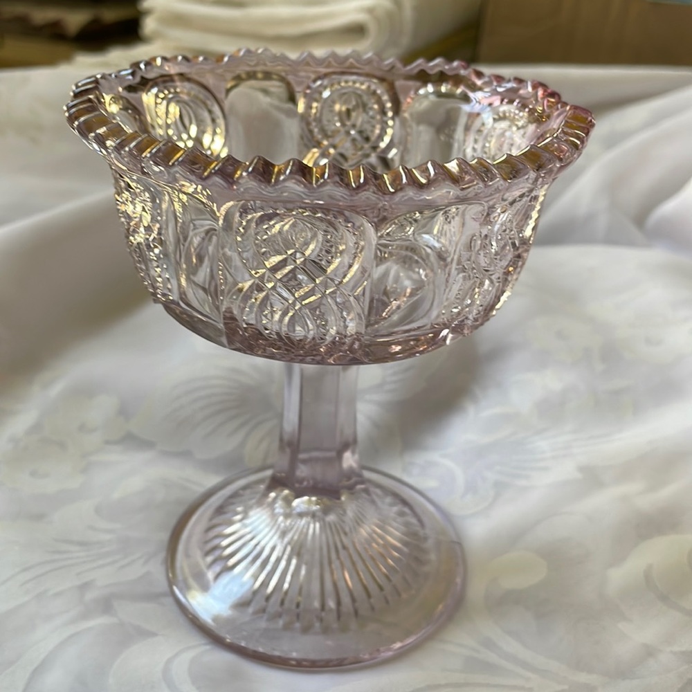 Antique EAPG Glass tinted Amethyst & Gold color footed compote